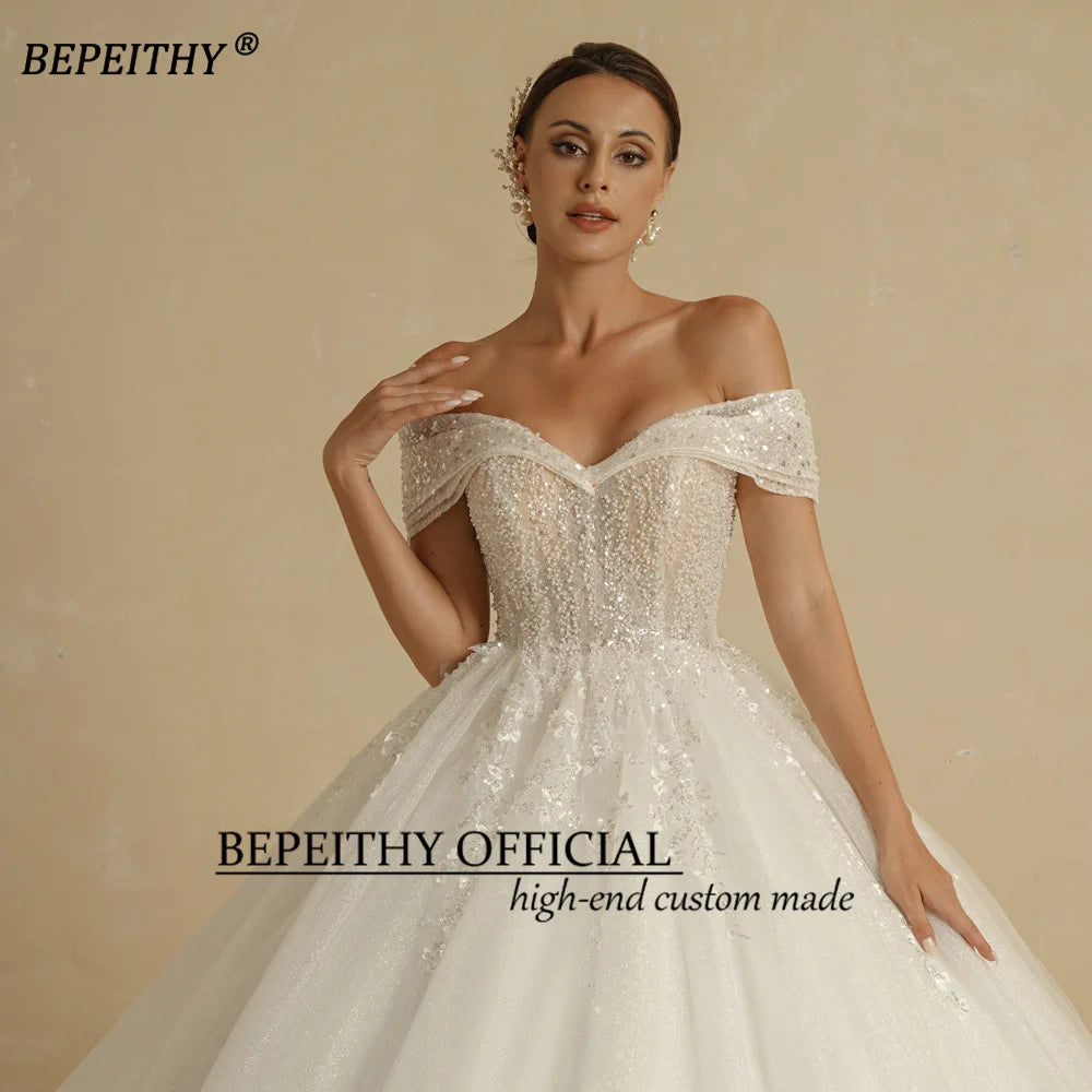 BEPEITHY Customized Plus Size Princess Wedding Dresses 2026 For Bride Off Shoulder Sleeveless Women Glitter Ball Bridal Gown