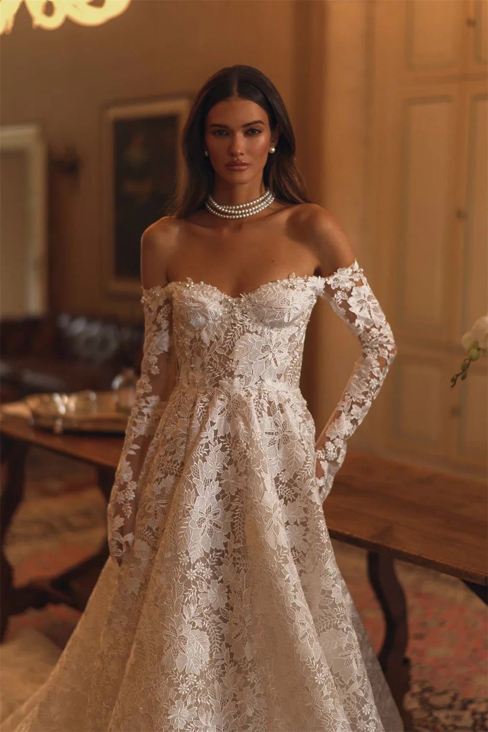 Customized Off-Shoulder Lace Wedding Dress Long Sleeve Sweetheart Bridal Gown with Train Formal Bride Dress for Women