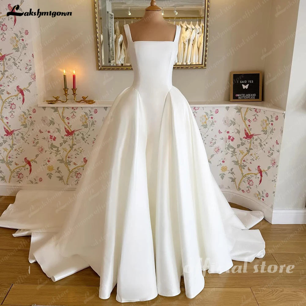 Lakshmigown Mikado Satin Wedding Dress With Pockets Sweep Train A-Line Sleeveless Square Neck Satin Bridal Gowns Customized