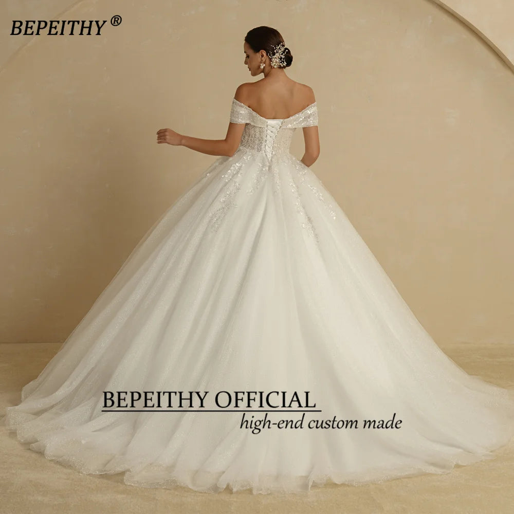 BEPEITHY Customized Plus Size Princess Wedding Dresses 2026 For Bride Off Shoulder Sleeveless Women Glitter Ball Bridal Gown