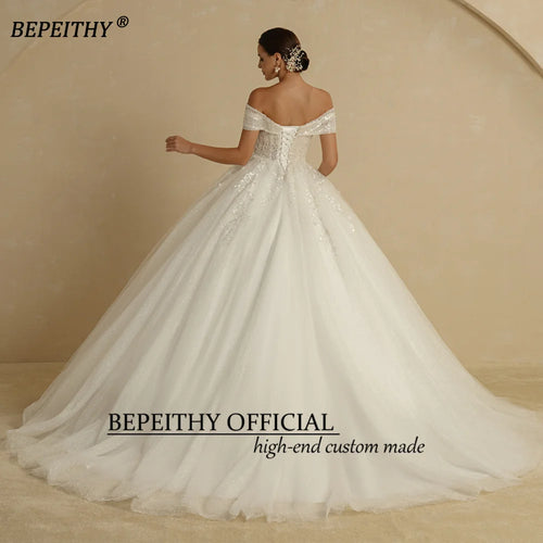 BEPEITHY Customized Plus Size Princess Wedding Dresses 2026 For Bride Off Shoulder Sleeveless Women Glitter Ball Bridal Gown