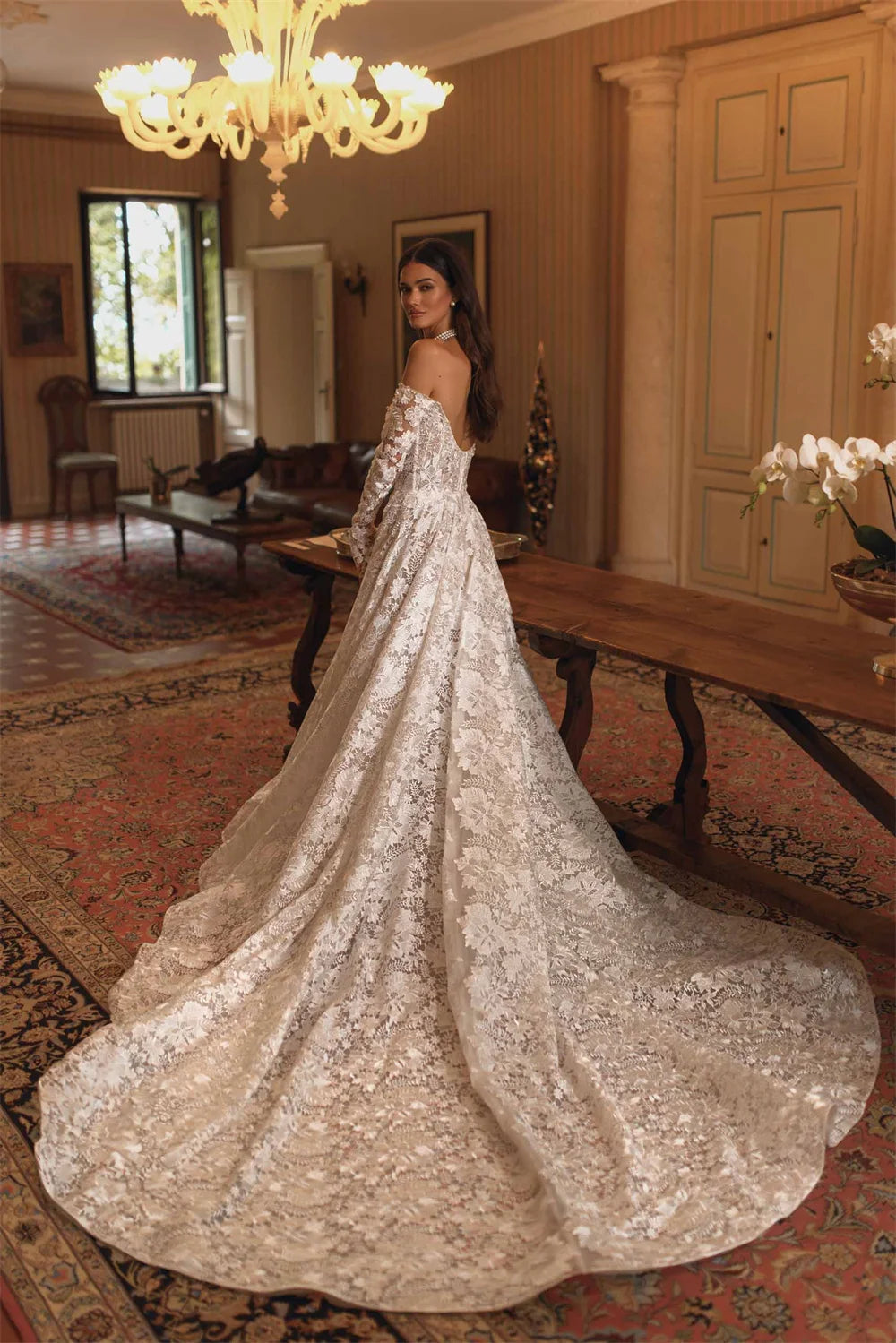 Customized Off-Shoulder Lace Wedding Dress Long Sleeve Sweetheart Bridal Gown with Train Formal Bride Dress for Women