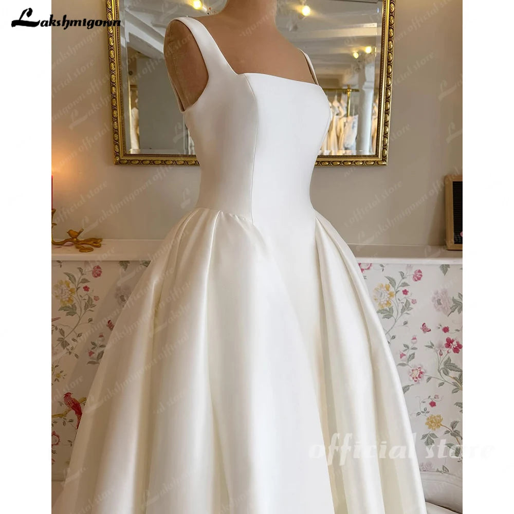 Lakshmigown Mikado Satin Wedding Dress With Pockets Sweep Train A-Line Sleeveless Square Neck Satin Bridal Gowns Customized