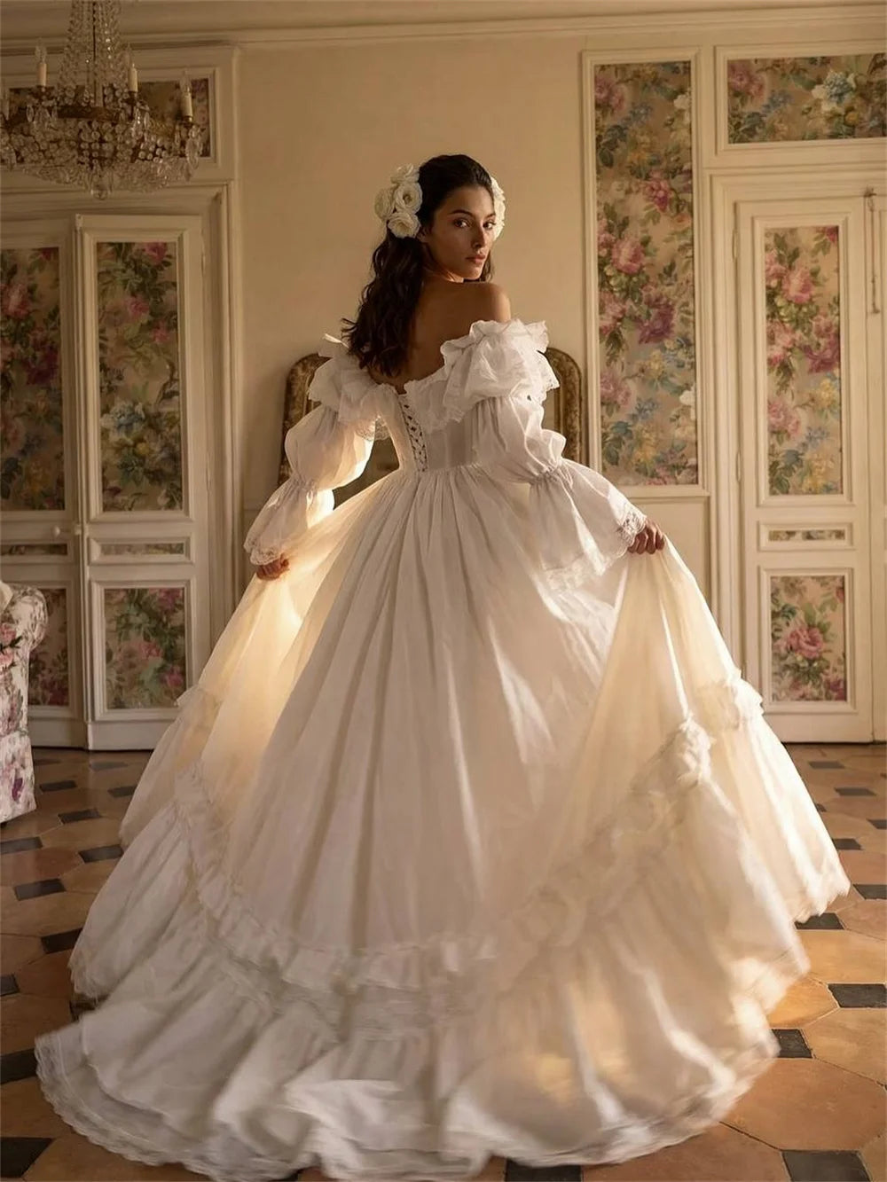 Tokyo White Elegant Satin Off the Shoulder Customized Wedding Party Long Sleeve Lace-Up Back Bridal Gown A-Line Wedding Gown