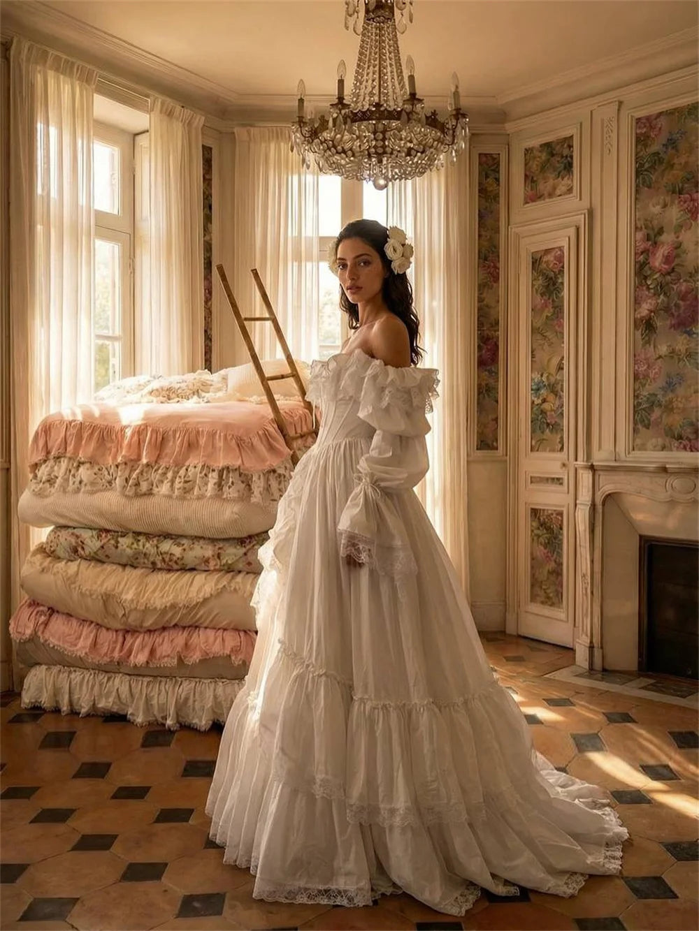 Tokyo White Elegant Satin Off the Shoulder Customized Wedding Party Long Sleeve Lace-Up Back Bridal Gown A-Line Wedding Gown